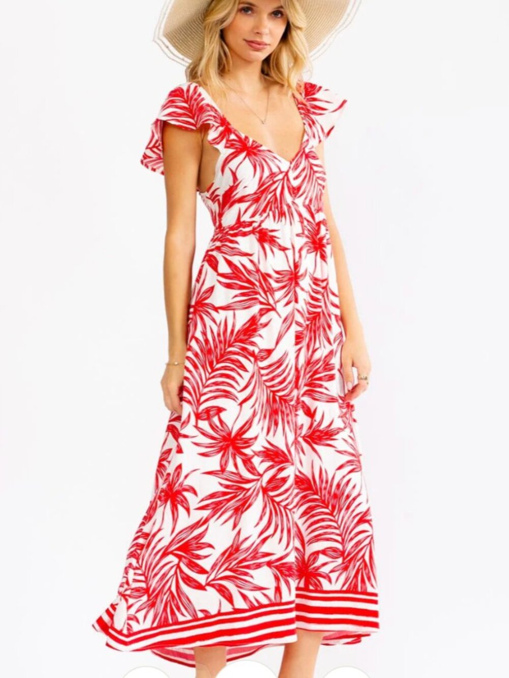 Very J White and Red Tropical Print Maxi Dress, size Small, NWT